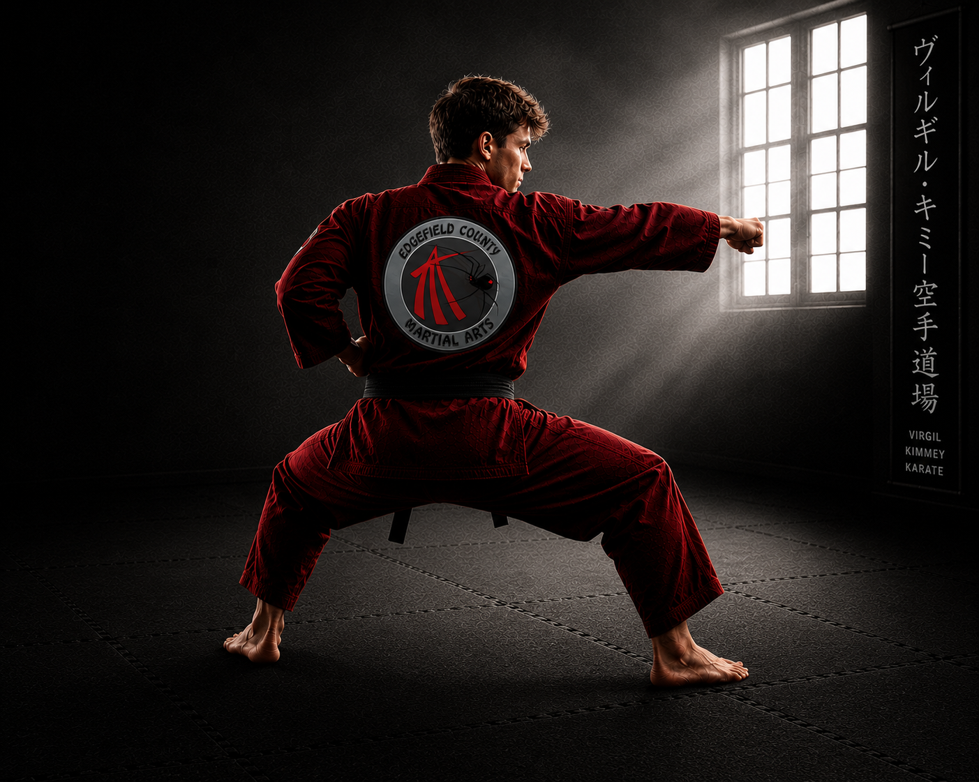 Edgefield County Martial Arts student demonstrating a karate stance in a red gi